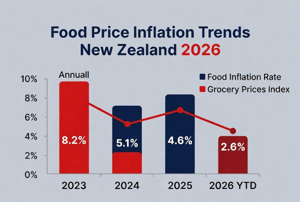 Chart displaying food inflation and grocery prices in New Zealand 2026