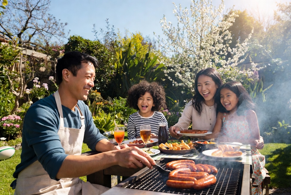 Happy family celebrating Father's Day NZ 2026 with spring barbecue and dad