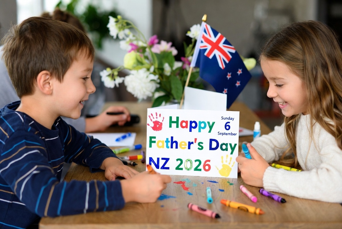 Kids making handmade card for Father's Day NZ 2026 with date visible